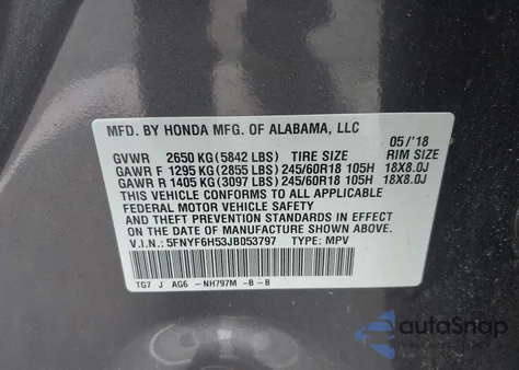 2018 Honda Pilot Ex-L from USA, damaged, VIN 5FNYF6H53JB053797